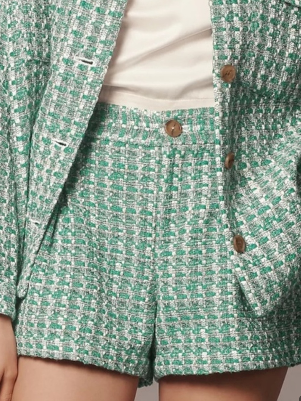 Maeve Green & White Tweed High-Waist Shorts